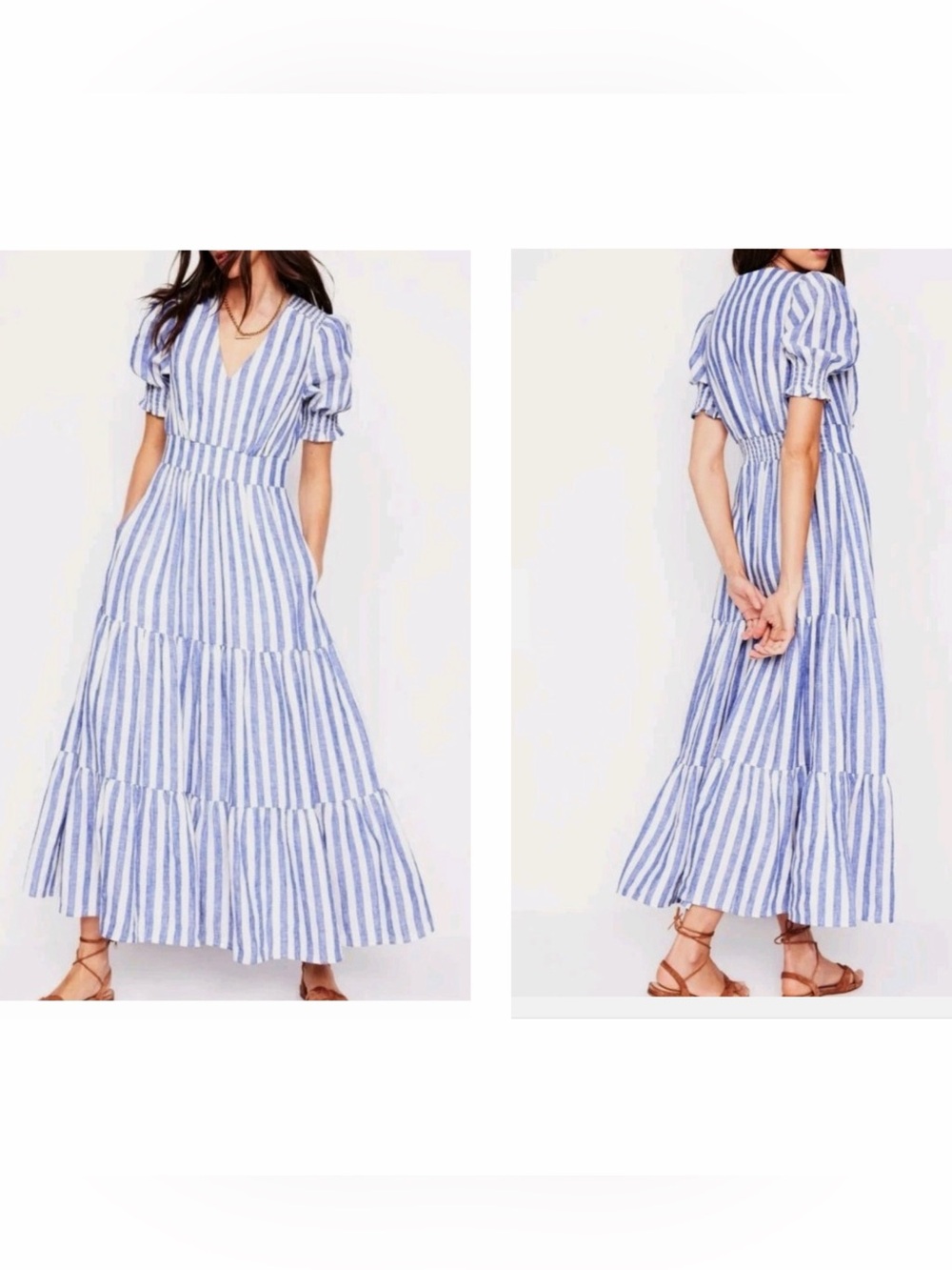 Boden Anna Linen Tiered Blue & White Striped Short Sleeved Dress Size 8R